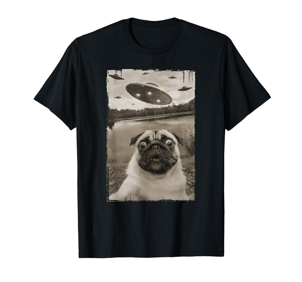 Pug Ufo Encounters Funny Ufo And Pug Selfie T-Shirt - Unique Graphic Unisex - T-Shirt, Sweatshirt, Hoodie