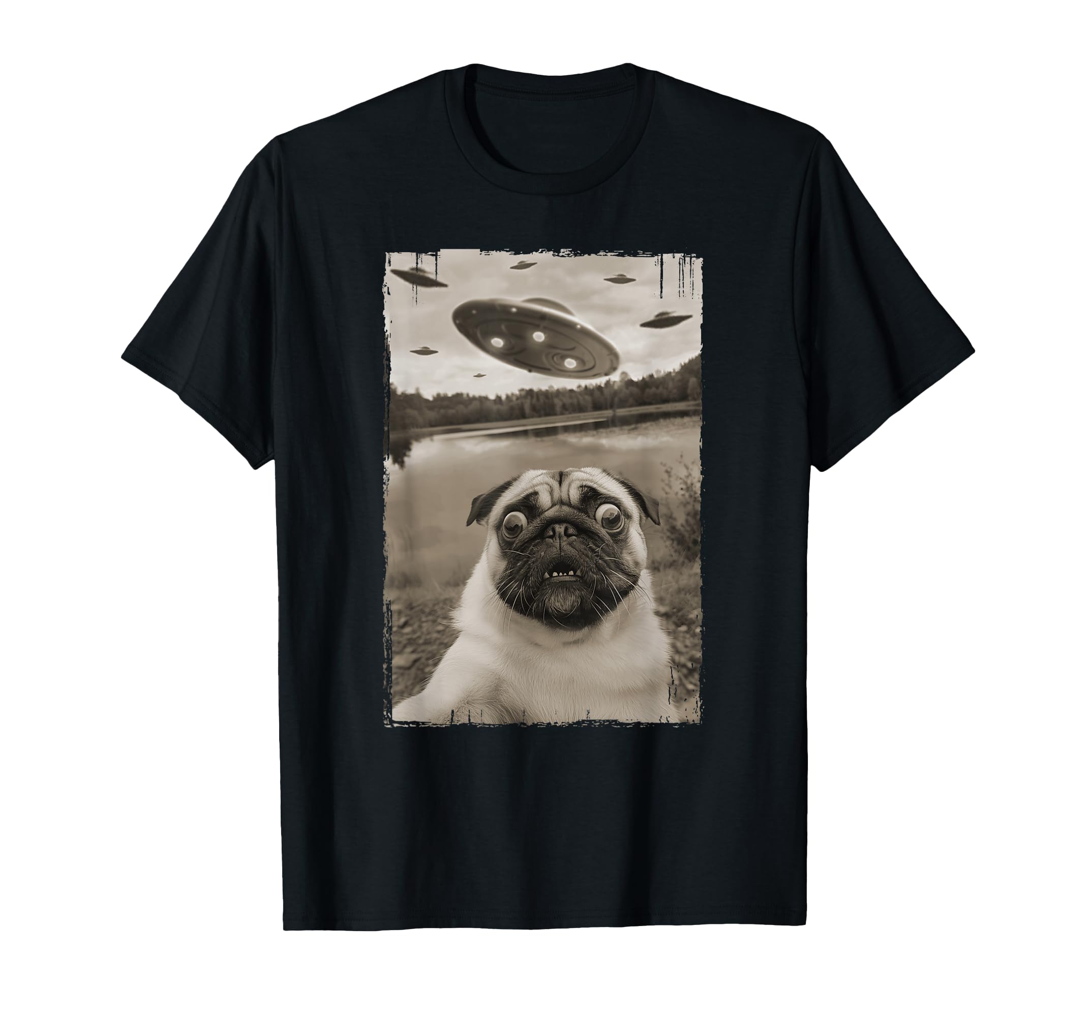 Pug Ufo Encounters Funny Ufo And Pug Selfie T-Shirt - Unique Graphic Unisex - T-Shirt, Sweatshirt, Hoodie