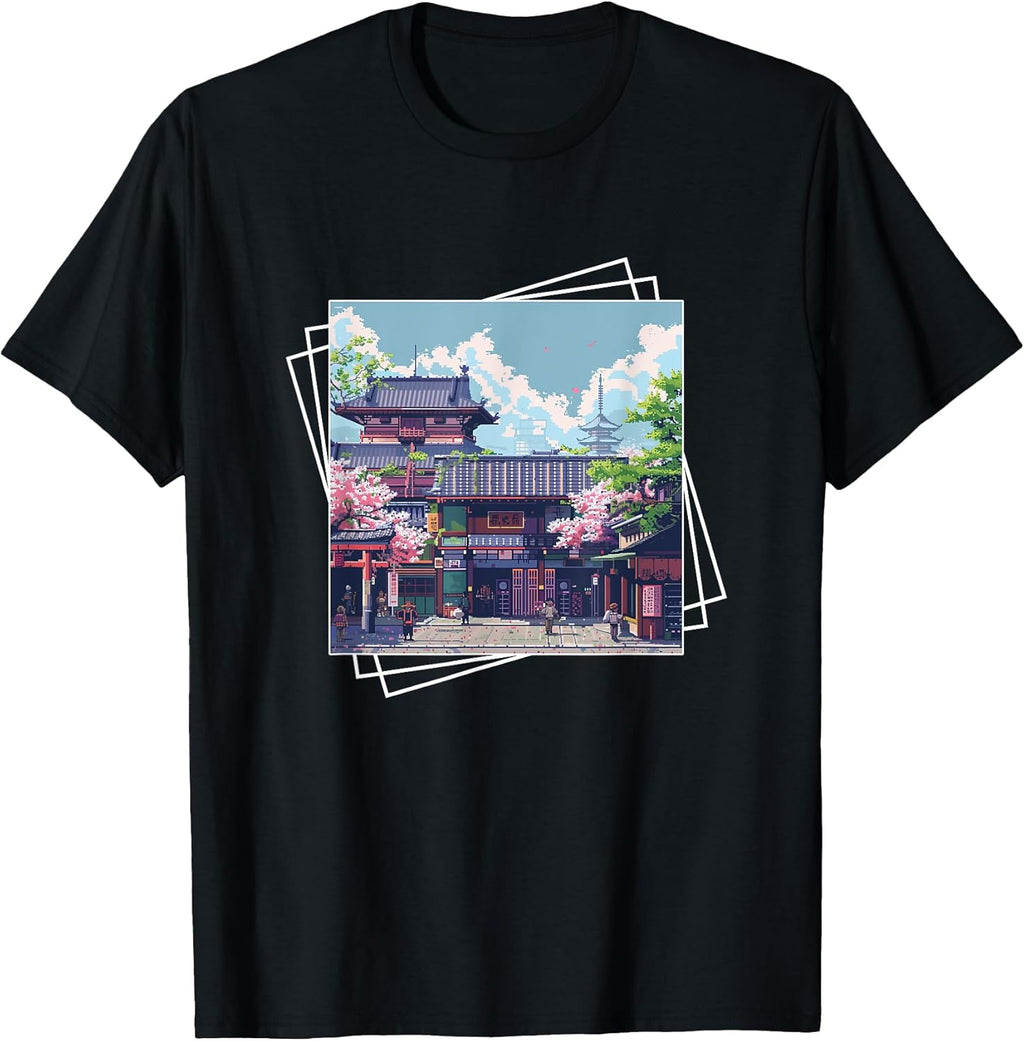 Pixel Art Japanese Street Traditional Cherry Blossoms - Adult & Kids T-Shirts, Sweatshirts & Hoodies apparel design preview 1