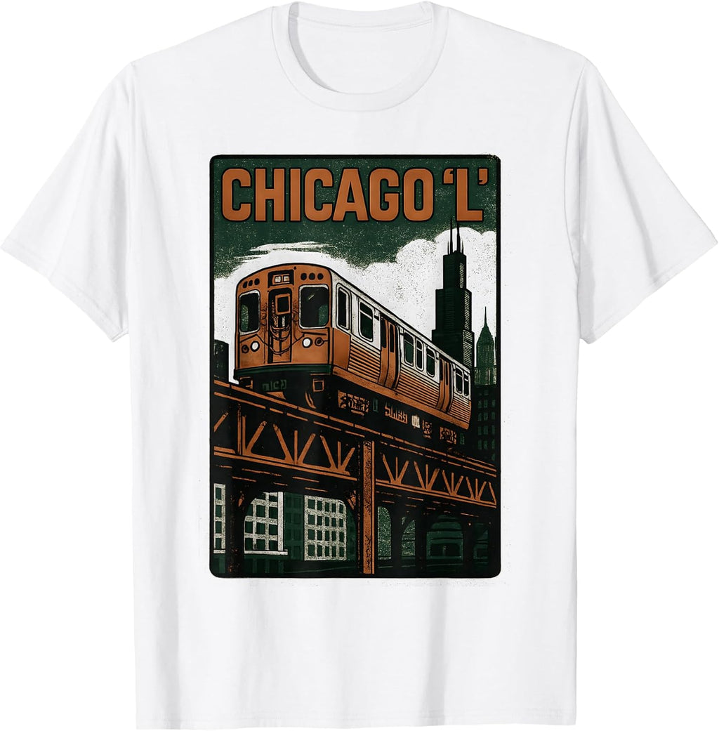 Chicago L Train Retro City Transit Urban Skyline - Adult & Kids T-Shirts, Sweatshirts & Hoodies apparel design preview 1