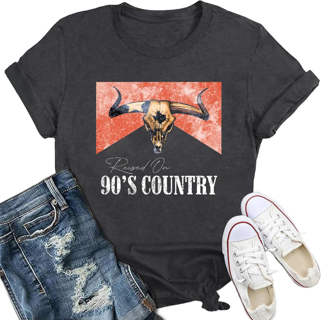 Womens Raised on 90s Country Vintage Music Cowgirl - Adult & Kids T-Shirts, Sweatshirts & Hoodies apparel design preview 1