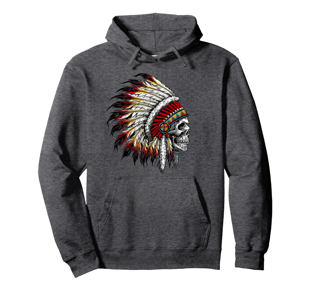 Native American Indian Chief Skull Hoodie - Unique Graphic Men Women - T-Shirt, Sweatshirt, Hoodie