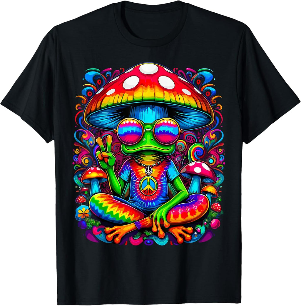 Hippie Tie-Dye Frog with Mushroom Peace Sign - Adult & Kids T-Shirts, Sweatshirts & Hoodies apparel design preview 1