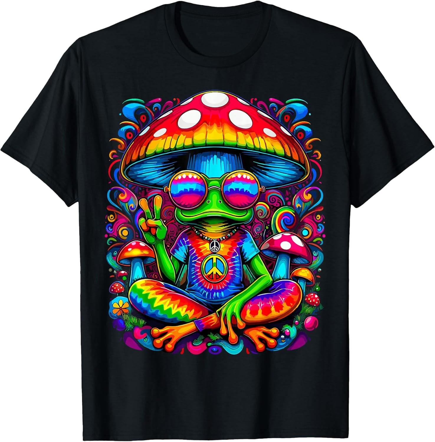 Hippie Tie-Dye Frog with Mushroom Peace Sign - Adult & Kids T-Shirts, Sweatshirts & Hoodies apparel design preview 1