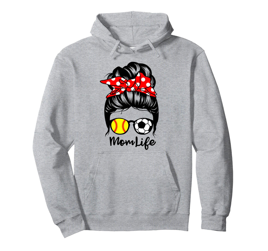 Mom Life Messy Bun Hair Funny Softball Hoodie - Unique Graphic Unisex - T-Shirt, Sweatshirt, Hoodie