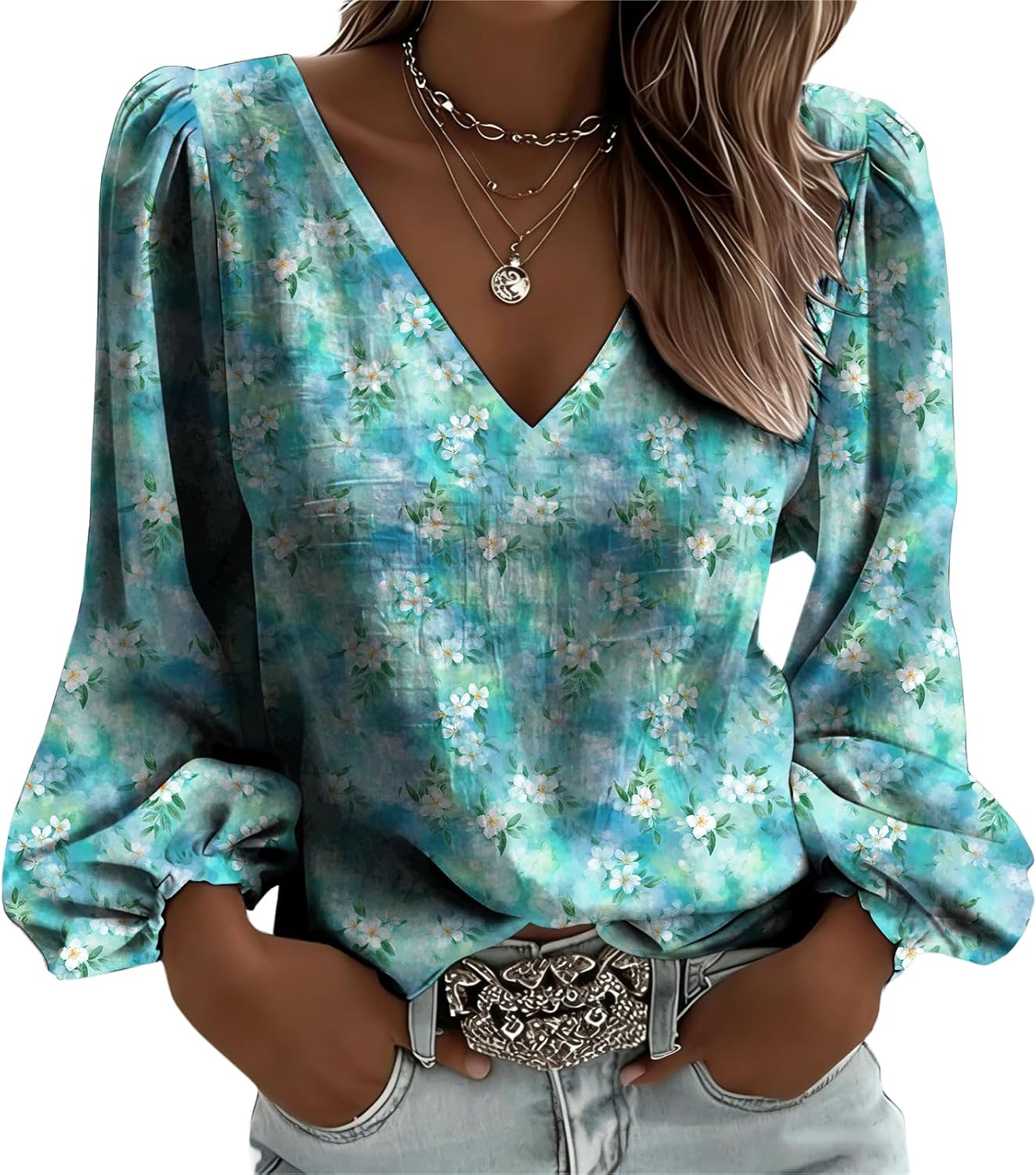 Vintage Floral Women Tunic Tops Deep V Neck Puff - Adult & Kids T-Shirts, Sweatshirts & Hoodies apparel design preview 1