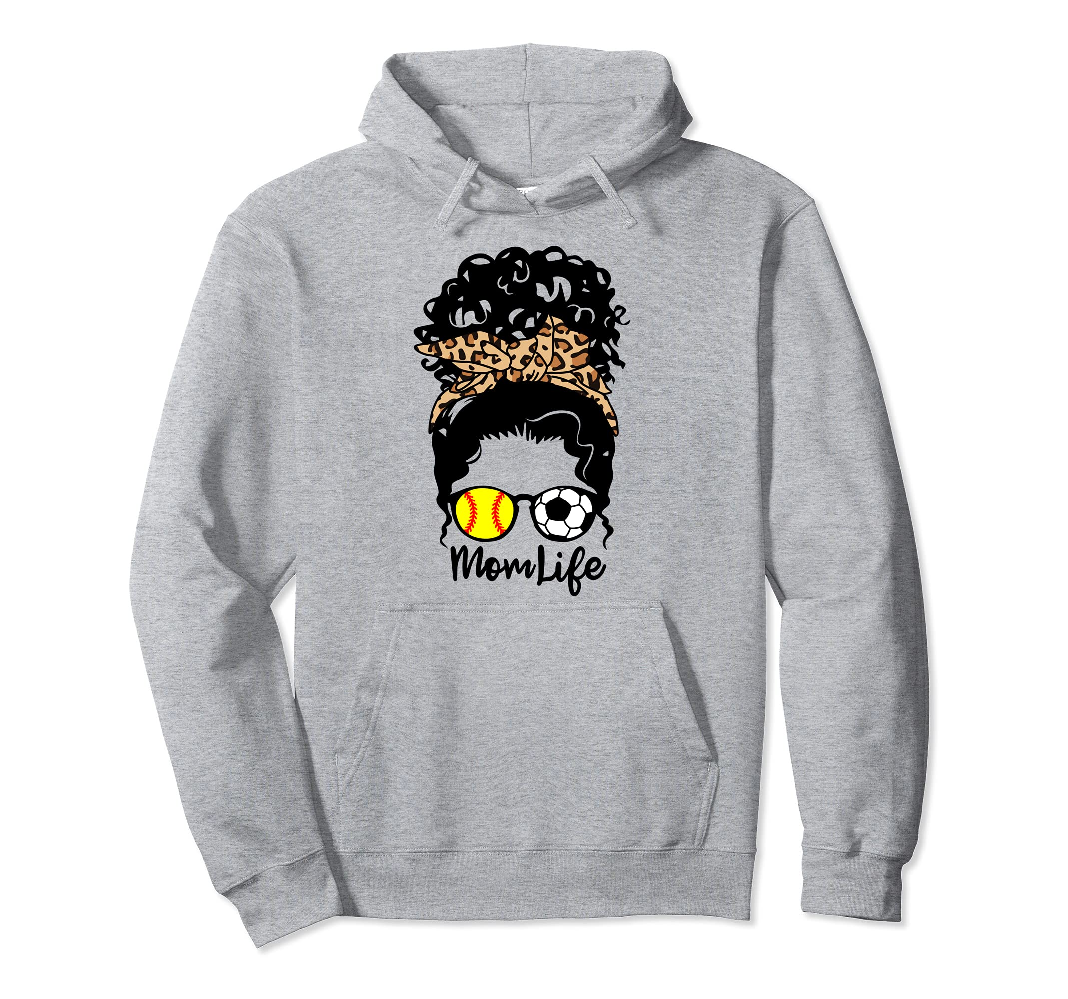 Mom Life Messy Bun Curly Hair Softball Hoodie - Custom Art Print Unisex - T-Shirt, Sweatshirt, Hoodie