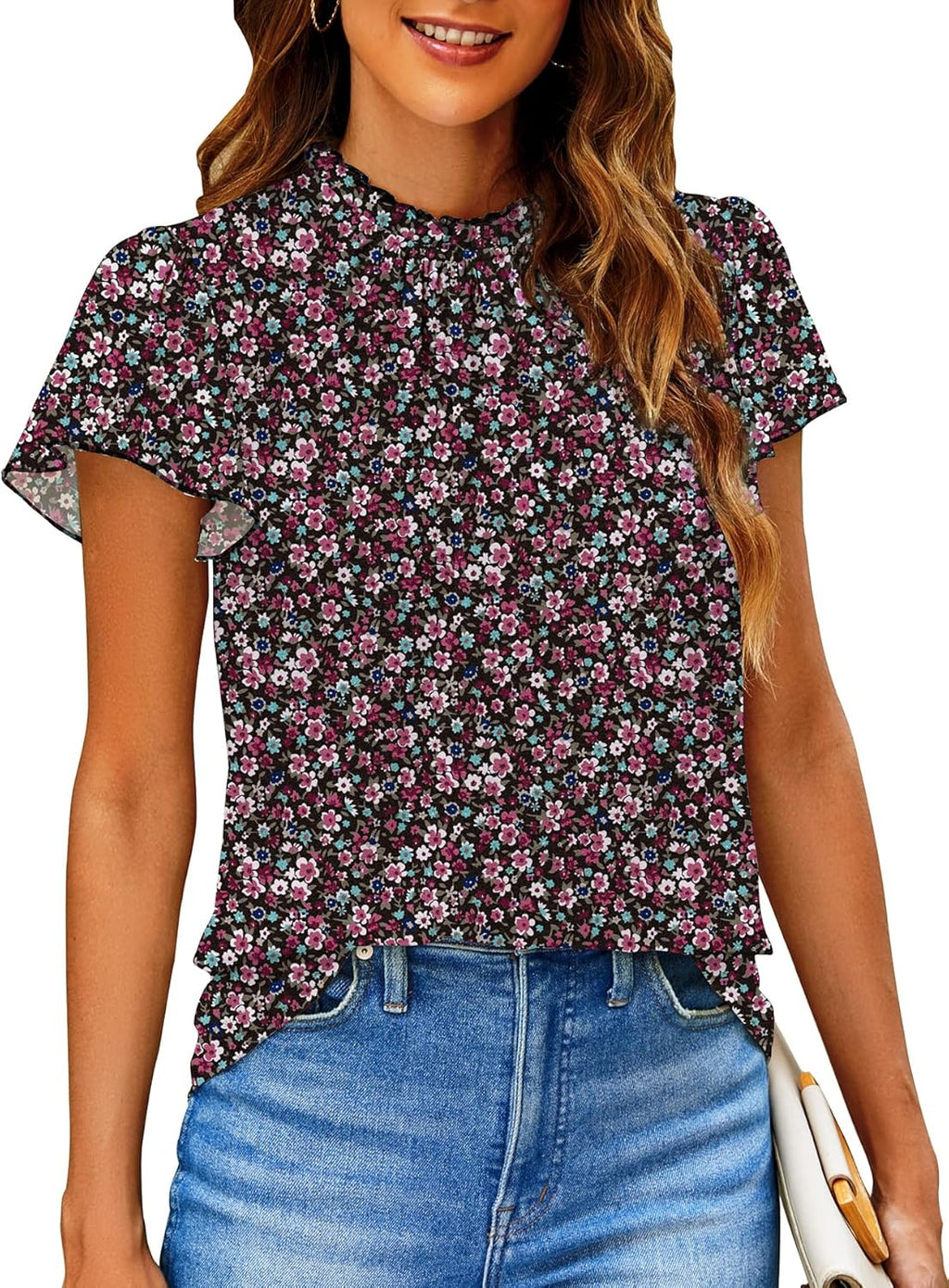 Women Boho Floral Ruffle Short Sleeve Mock Neck Flowy - Adult & Kids T-Shirts, Sweatshirts & Hoodies apparel design preview 1