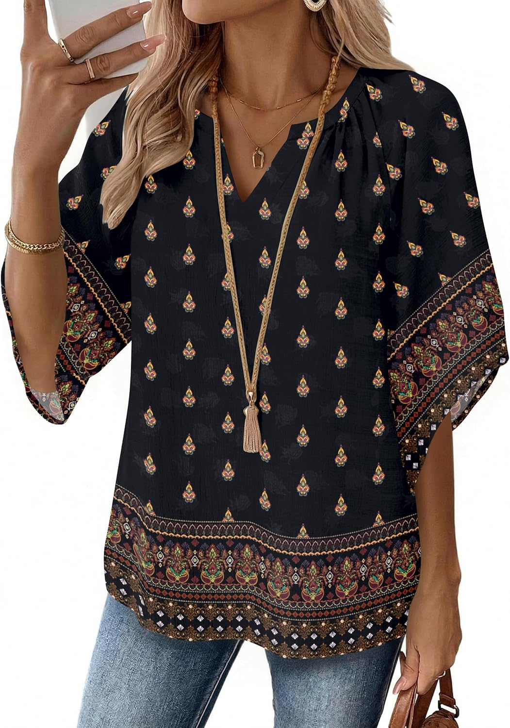 Womens Tops 3/4 Sleeve V Neck Bohemian Blouses Casual - Adult & Kids T-Shirts, Sweatshirts & Hoodies apparel design preview 1