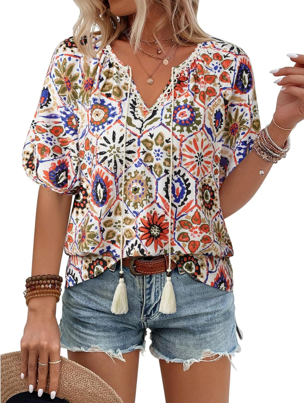 Womens Summer Boho Tops Casual V Neck Short Sleeve - Adult & Kids T-Shirts, Sweatshirts & Hoodies apparel design preview 1