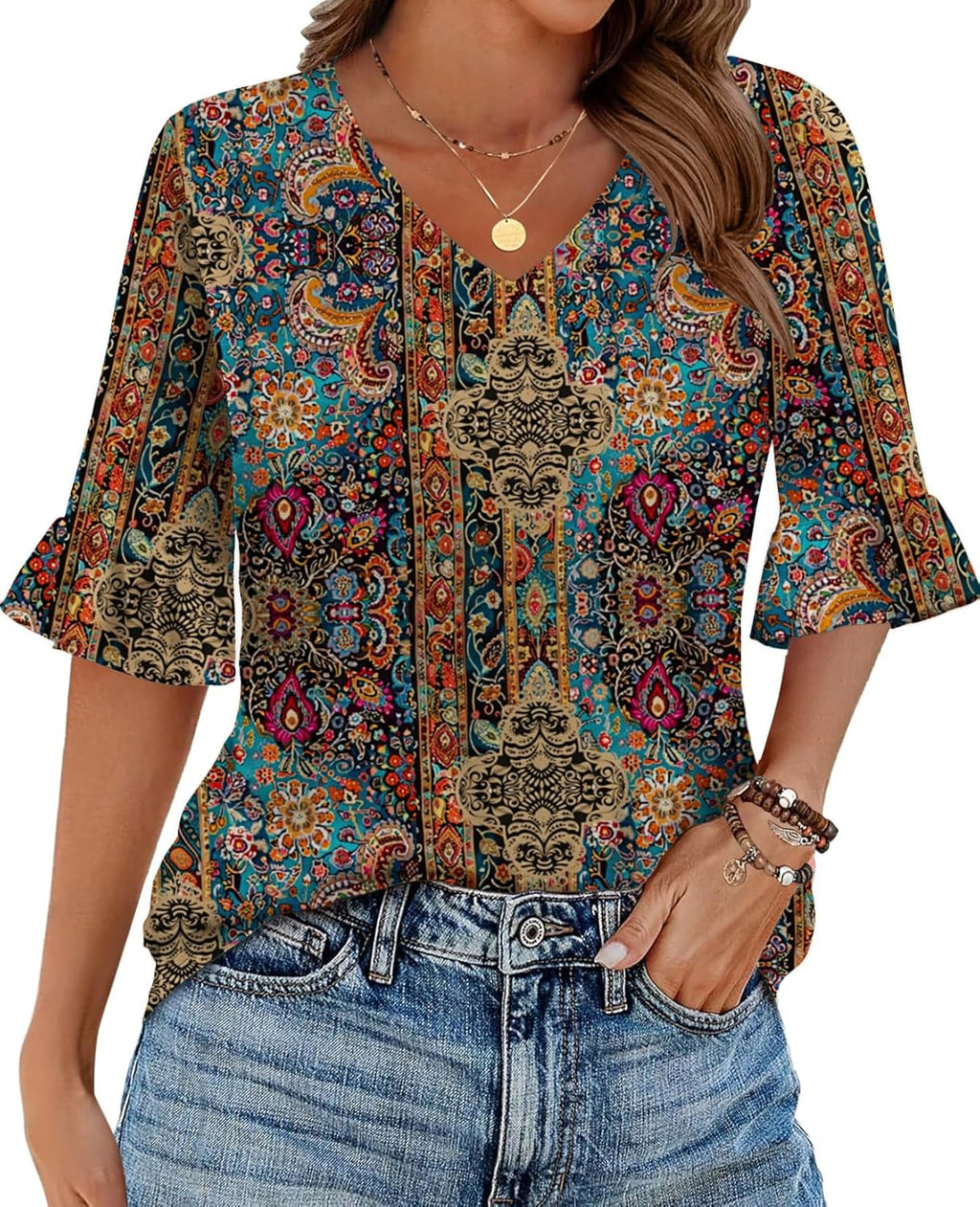 Womens Tops Casual V Neck Floral Solid Blouse Ruffle - Adult & Kids T-Shirts, Sweatshirts & Hoodies apparel design preview 1