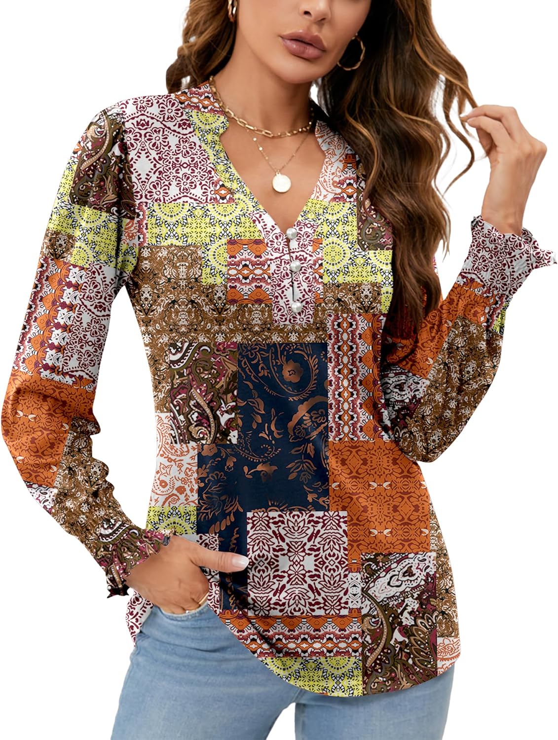 Womens V Neck Puff Button Down Tunic Blouses Fall - Adult & Kids T-Shirts, Sweatshirts & Hoodies apparel design preview 1