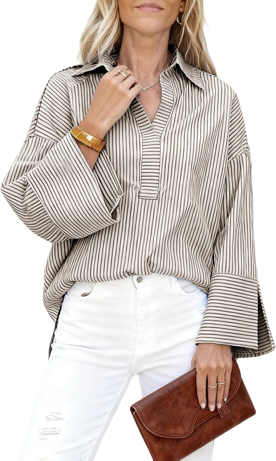 Women Button Down Casual Striped Print Dressy Henley - Adult & Kids T-Shirts, Sweatshirts & Hoodies apparel design preview 1