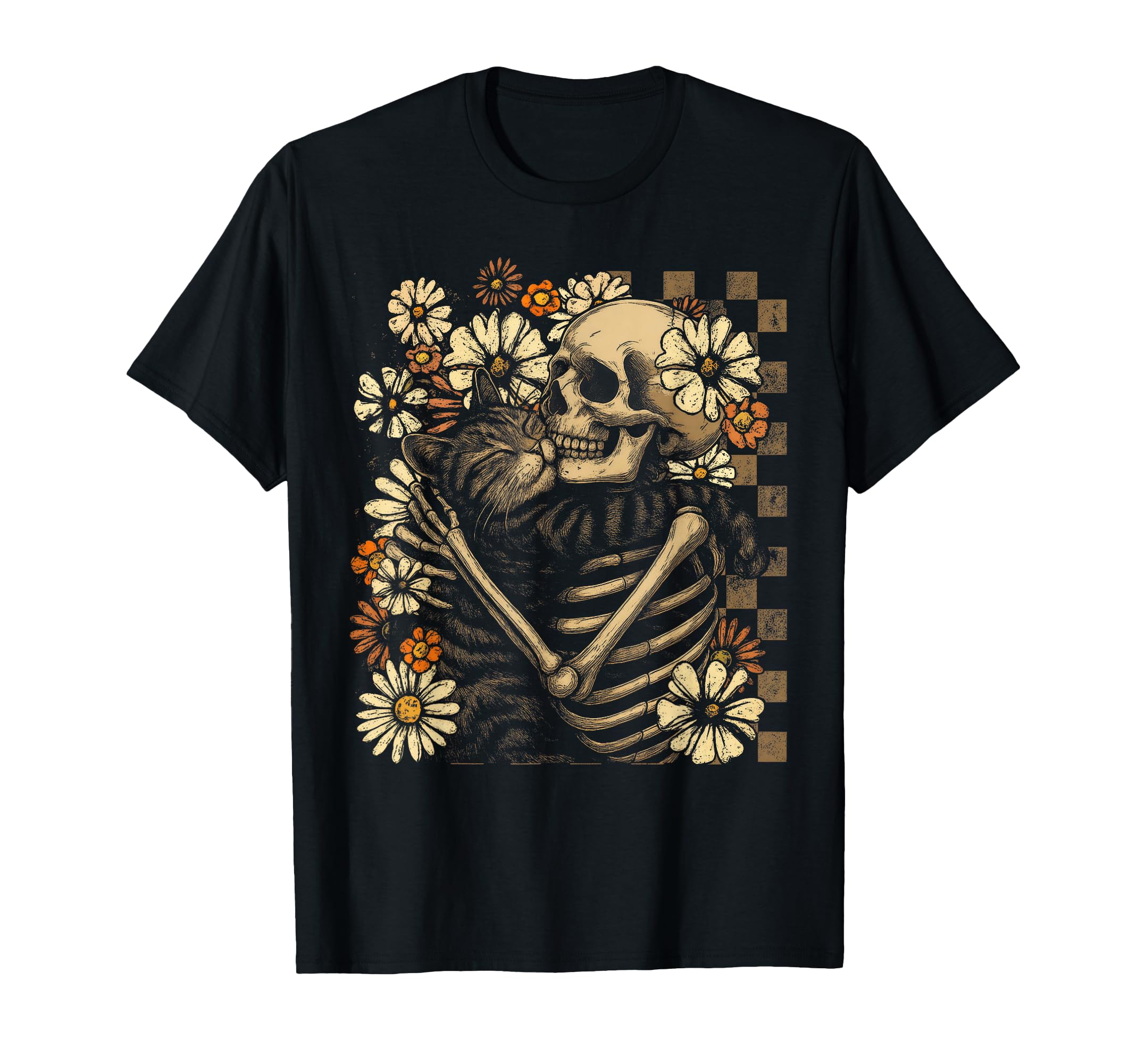 Floral Skeleton Hugging Cat Halloween T-Shirt - Trendy Graphic Men Women - T-Shirt, Sweatshirt, Hoodie