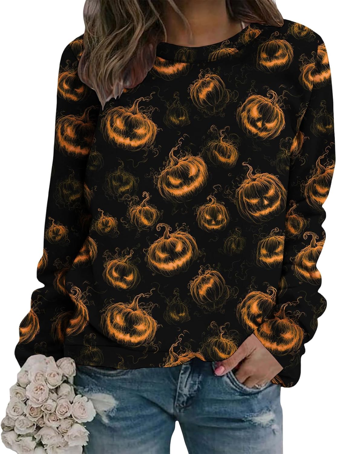 Womens Halloween Pumpkin Crewneck Fall Graphic Top - Adult & Kids T-Shirts, Sweatshirts & Hoodies apparel design preview 1