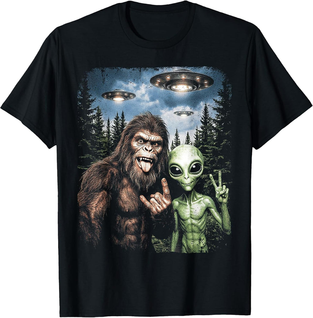 Bigfoot Alien Selfie Rock On Peace Sign Funny UFO - Adult & Kids T-Shirts, Sweatshirts & Hoodies apparel design preview 1