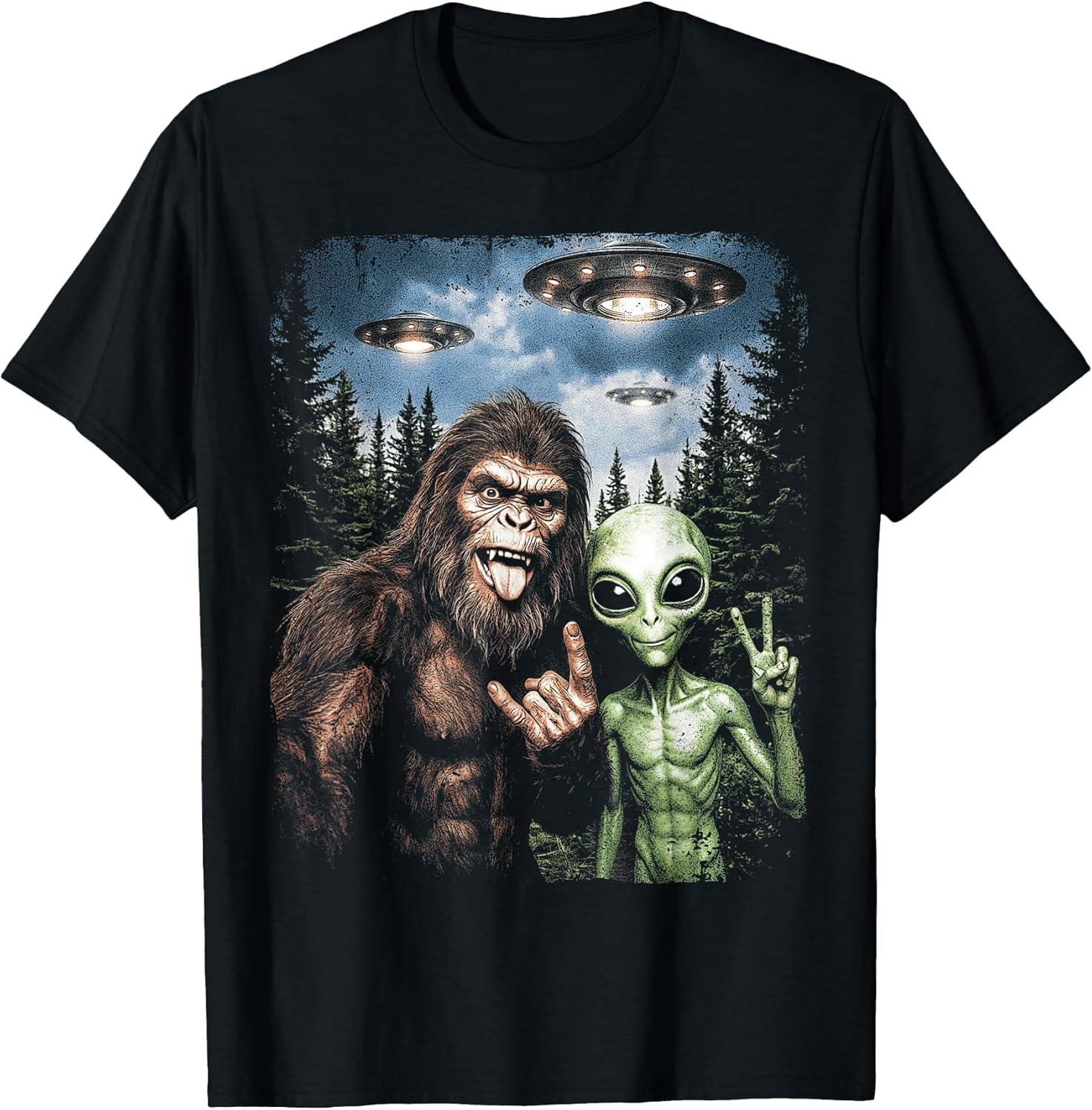 Bigfoot Alien Selfie Rock On Peace Sign Funny UFO - Adult & Kids T-Shirts, Sweatshirts & Hoodies apparel design preview 1