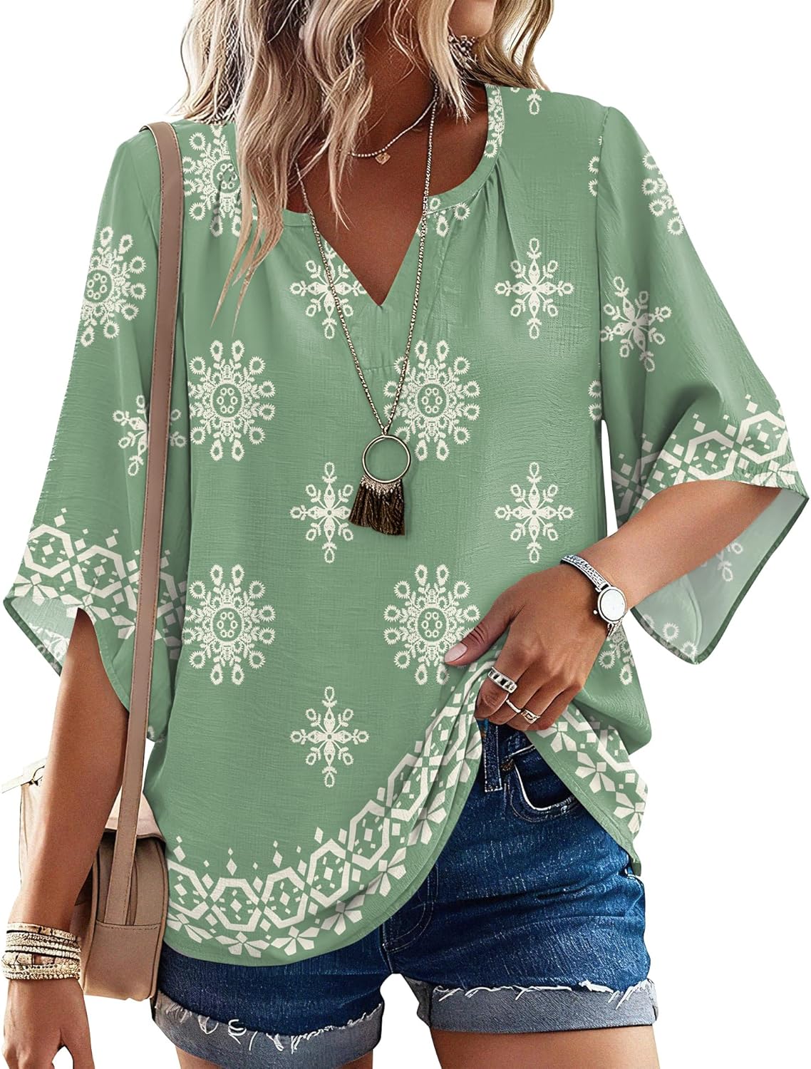 Women's 3/4 Length Sleeve Boho Tops V Neck Casual - Adult & Kids T-Shirts, Sweatshirts & Hoodies apparel design preview 1