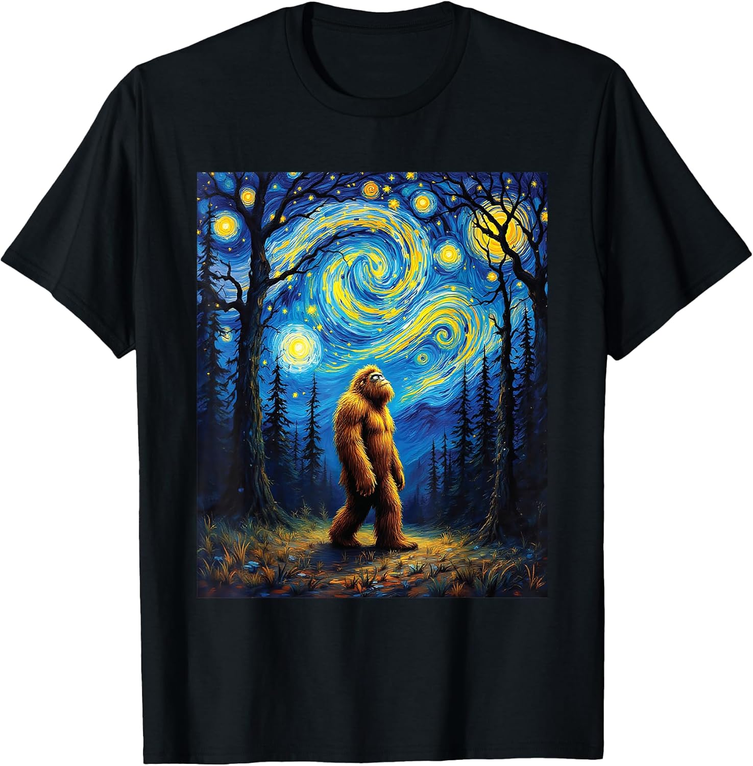 Sasquatch Bigfoot Van Gogh Starry Night Art Painting - Adult & Kids T-Shirts, Sweatshirts & Hoodies apparel design preview 1