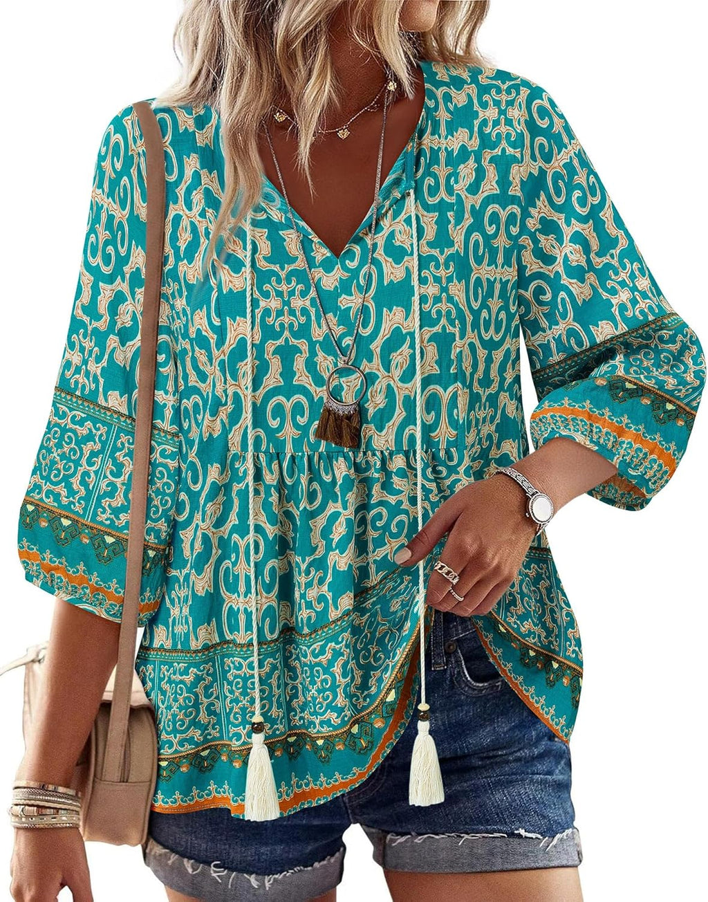 Womens Summer Boho Babydoll Tops 3/4 Sleeve Pleated - Adult & Kids T-Shirts, Sweatshirts & Hoodies apparel design preview 1