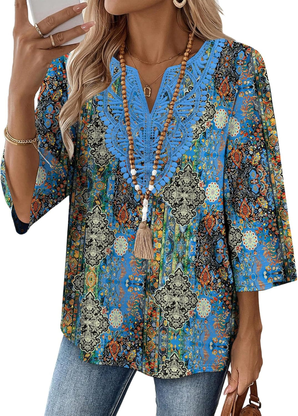 3/4 Length Sleeve Womens Tops Boho V Neck Lace Trendy - Adult & Kids T-Shirts, Sweatshirts & Hoodies apparel design preview 1