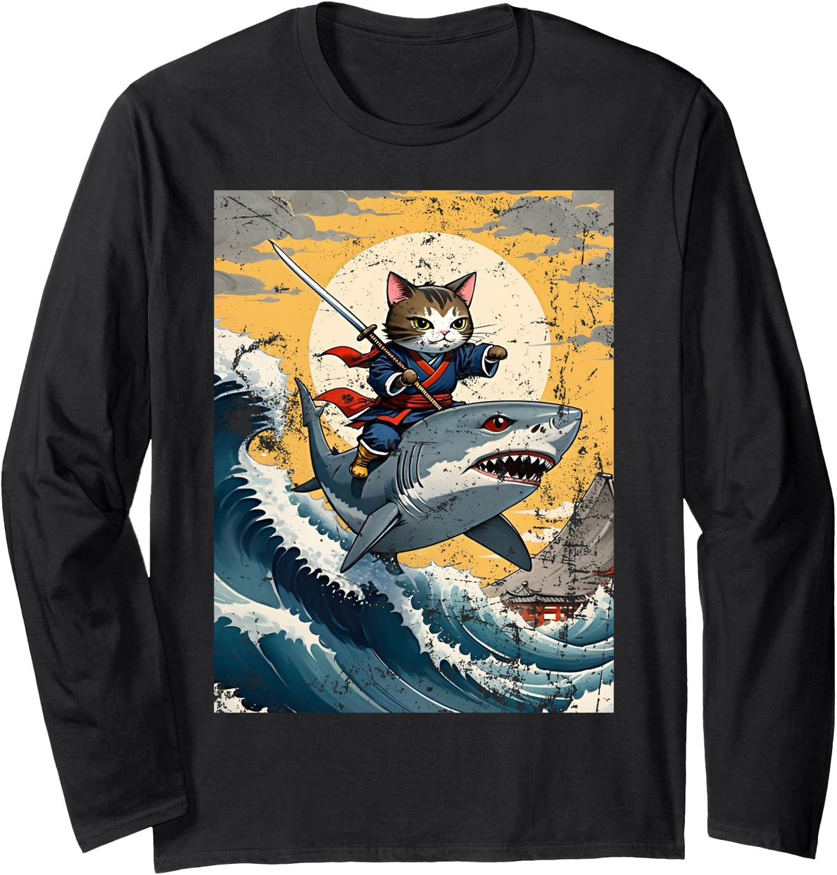 Ninja Cat Samurai Riding Shark Kawaii Hoodie - Aesthetic Graphic Men Women - T-Shirt, Sweatshirt, Hoodie
