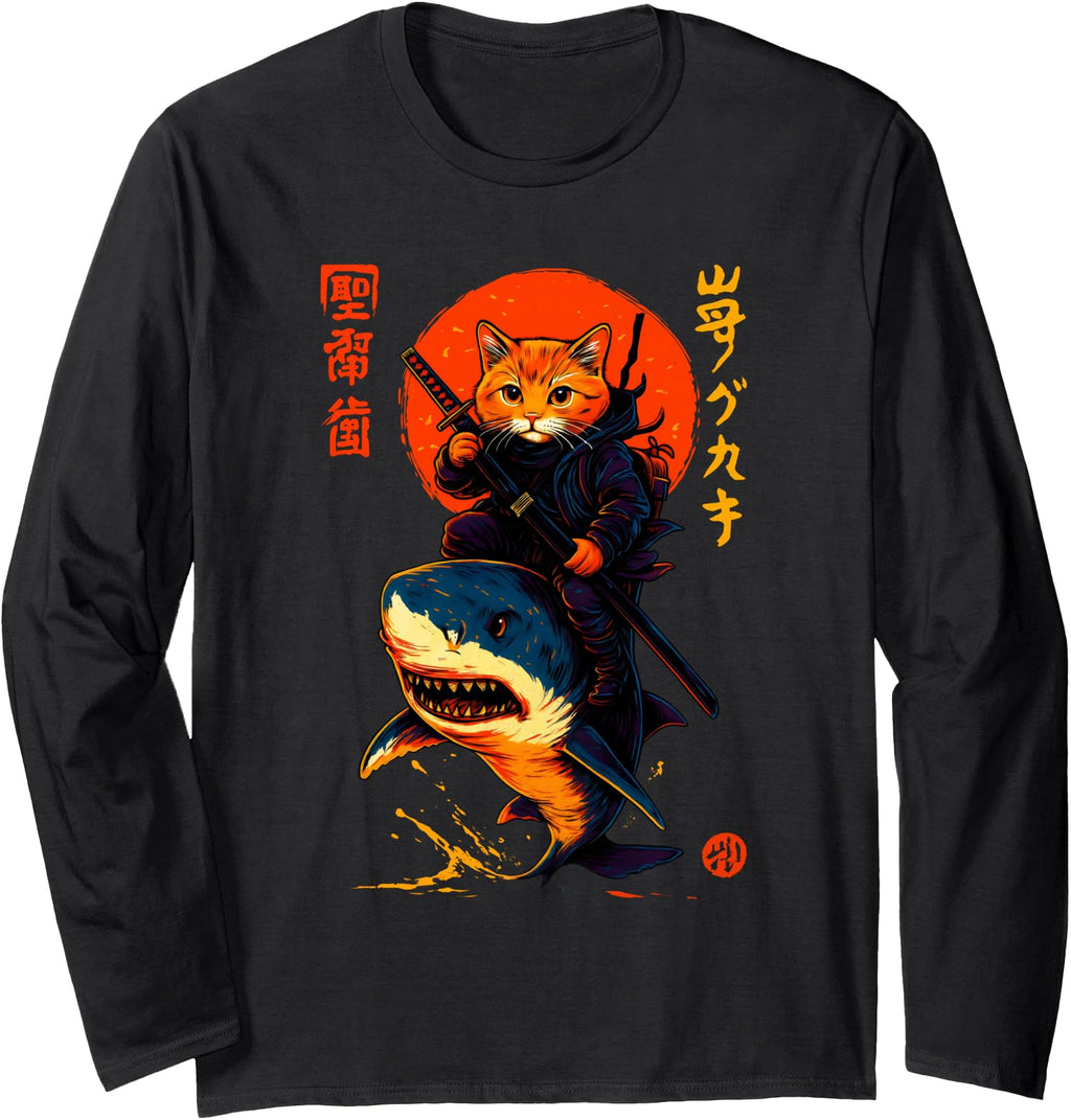 Samurai Cat Riding Shark Japanese Hoodie - Aesthetic Graphic for Adults - T-Shirt, Sweatshirt, Hoodie