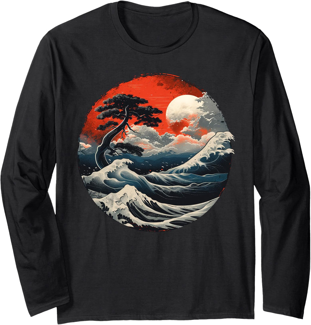 Japanese Red Sun And Great Wave Art Sweatshirt - Unique Graphic for Adults - T-Shirt, Sweatshirt, Hoodie