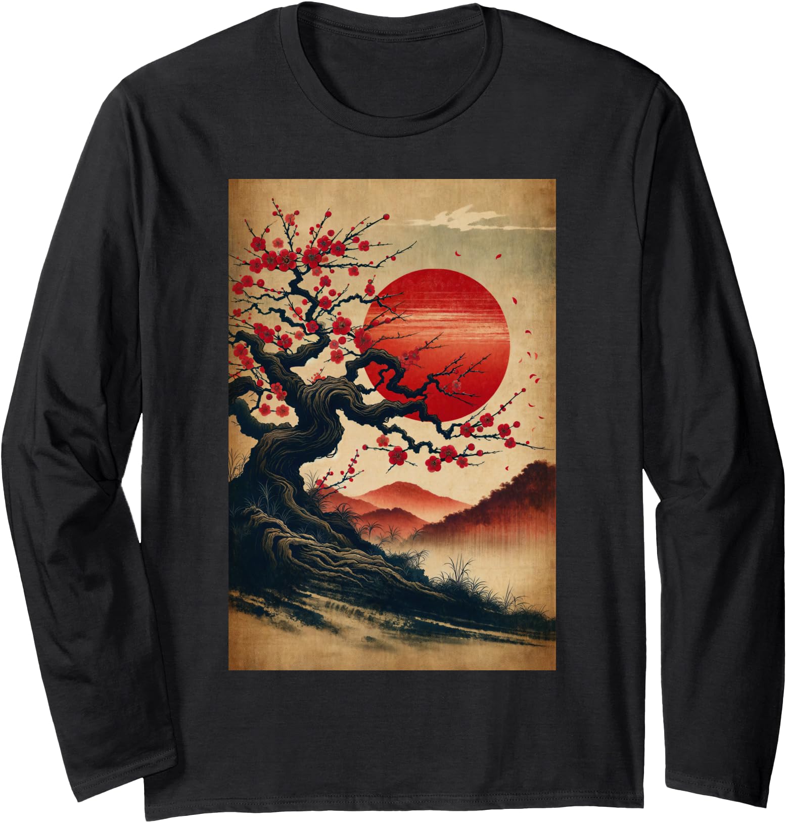 Cherry Blossom Woodblock Japanese Sweatshirt - Unique Graphic for Adults - T-Shirt, Sweatshirt, Hoodie