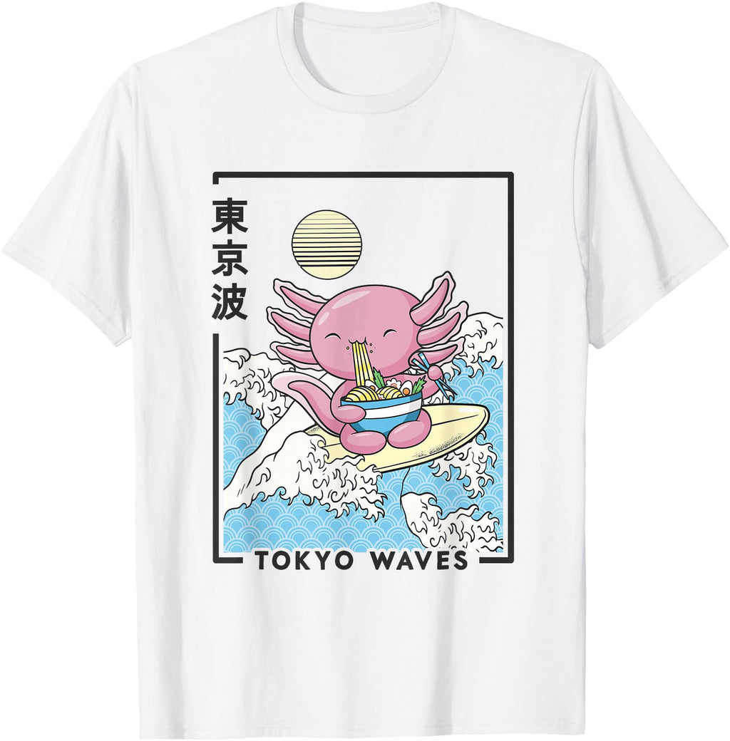 Axolotl Eating Ramen Japanese Waves T-Shirt - Fun Novelty Design Men Women - T-Shirt, Sweatshirt, Hoodie