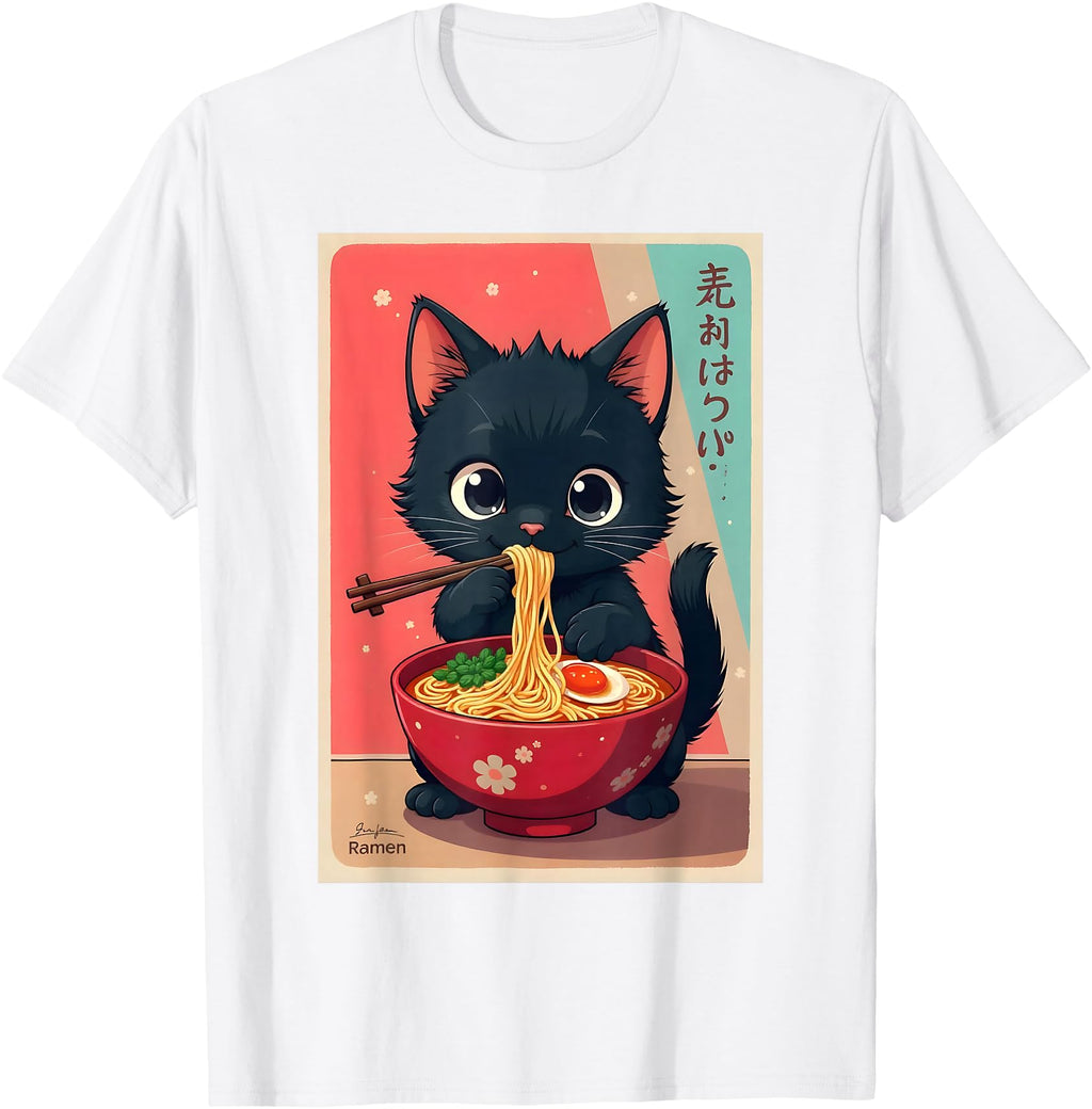 Kitten Eating Japanese Noodles Anime Hoodie - Fun Novelty Design Men Women - T-Shirt, Sweatshirt, Hoodie