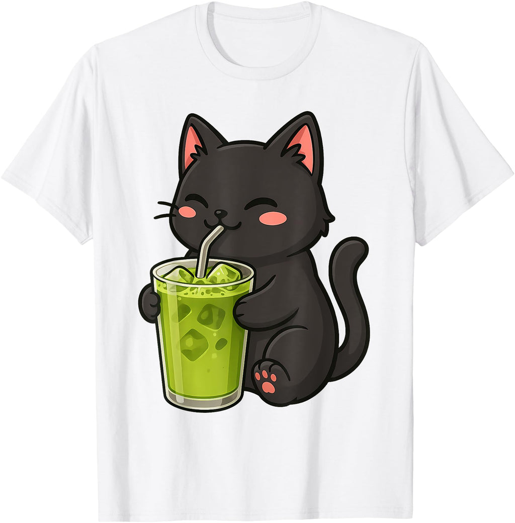 Black Cat Drinking Matcha Kawaii T-Shirt - Casual Everyday Wear for Adults - T-Shirt, Sweatshirt, Hoodie