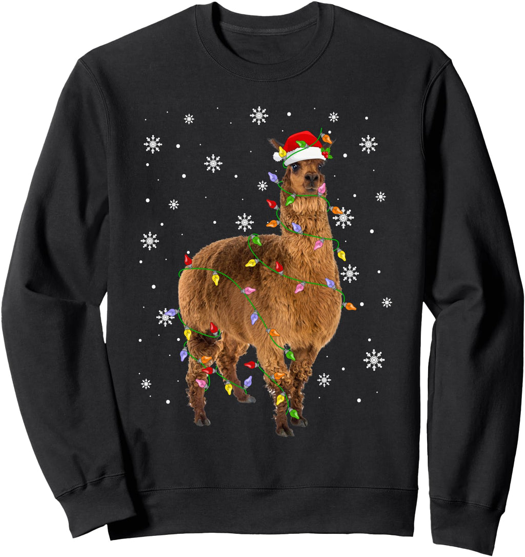 Alpaca Llama Lights Santa Animal Sweatshirt - Unique Graphic Men Women - T-Shirt, Sweatshirt, Hoodie