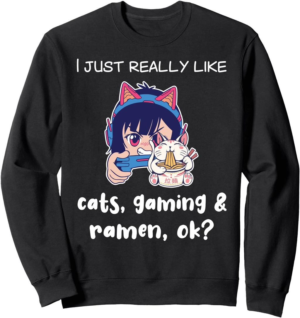 Authentic Anime Cat Ramen Gamer Sweatshirt - Trendy Graphic for Adults - T-Shirt, Sweatshirt, Hoodie