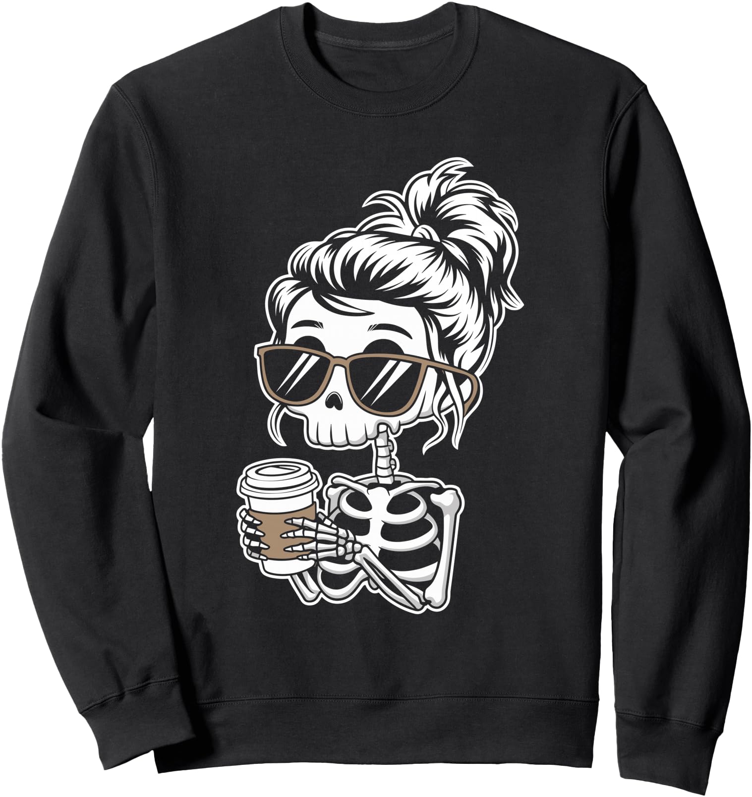 Handcrafted Messy Bun Skeleton Drinking Hoodie - Custom Art Print Unisex - T-Shirt, Sweatshirt, Hoodie