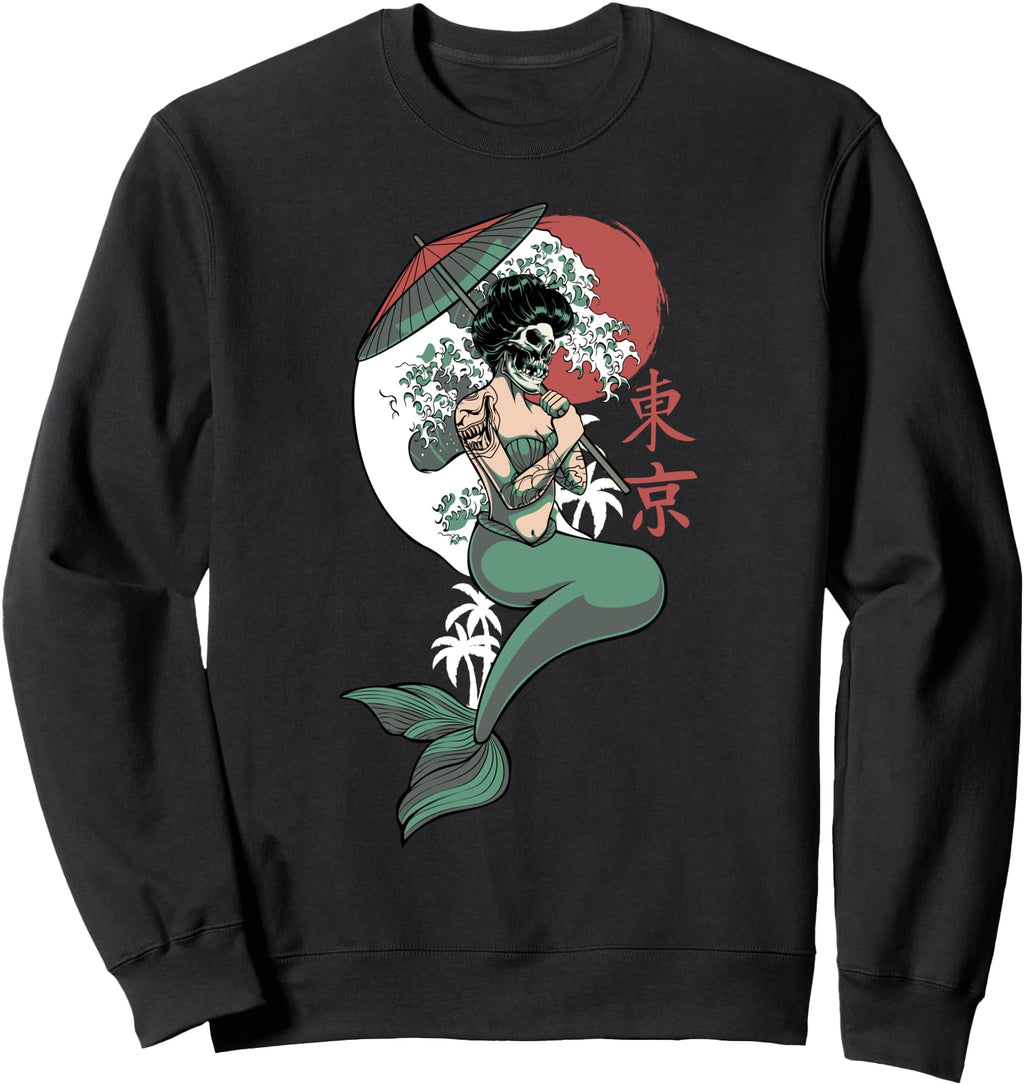 Geisha Mermaid Skeleton Tokyo Sun Hoodie - Minimalist Print Men Women - T-Shirt, Sweatshirt, Hoodie