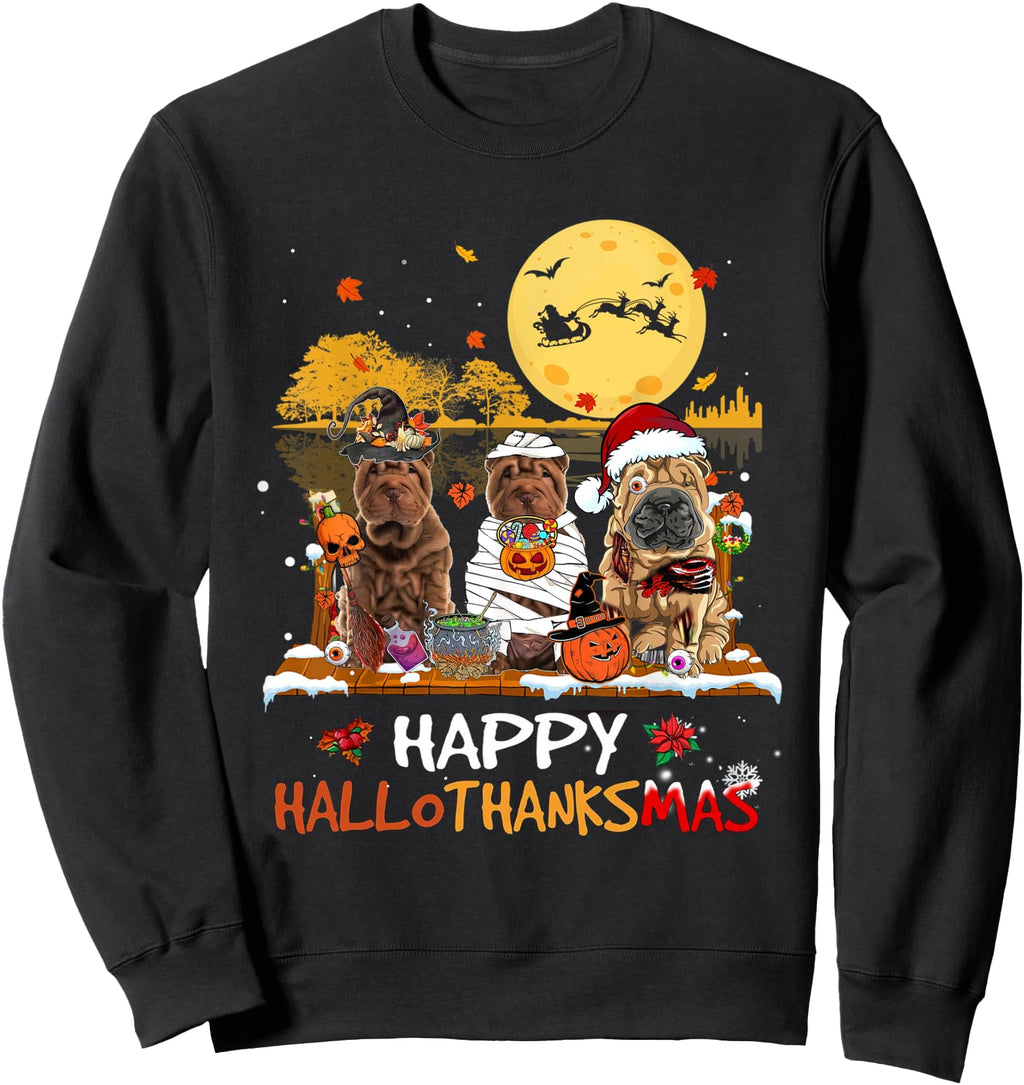 Shar Pei Happy Hallothanksmas Halloween T-Shirt - Trendy Graphic Men Women - T-Shirt, Sweatshirt, Hoodie