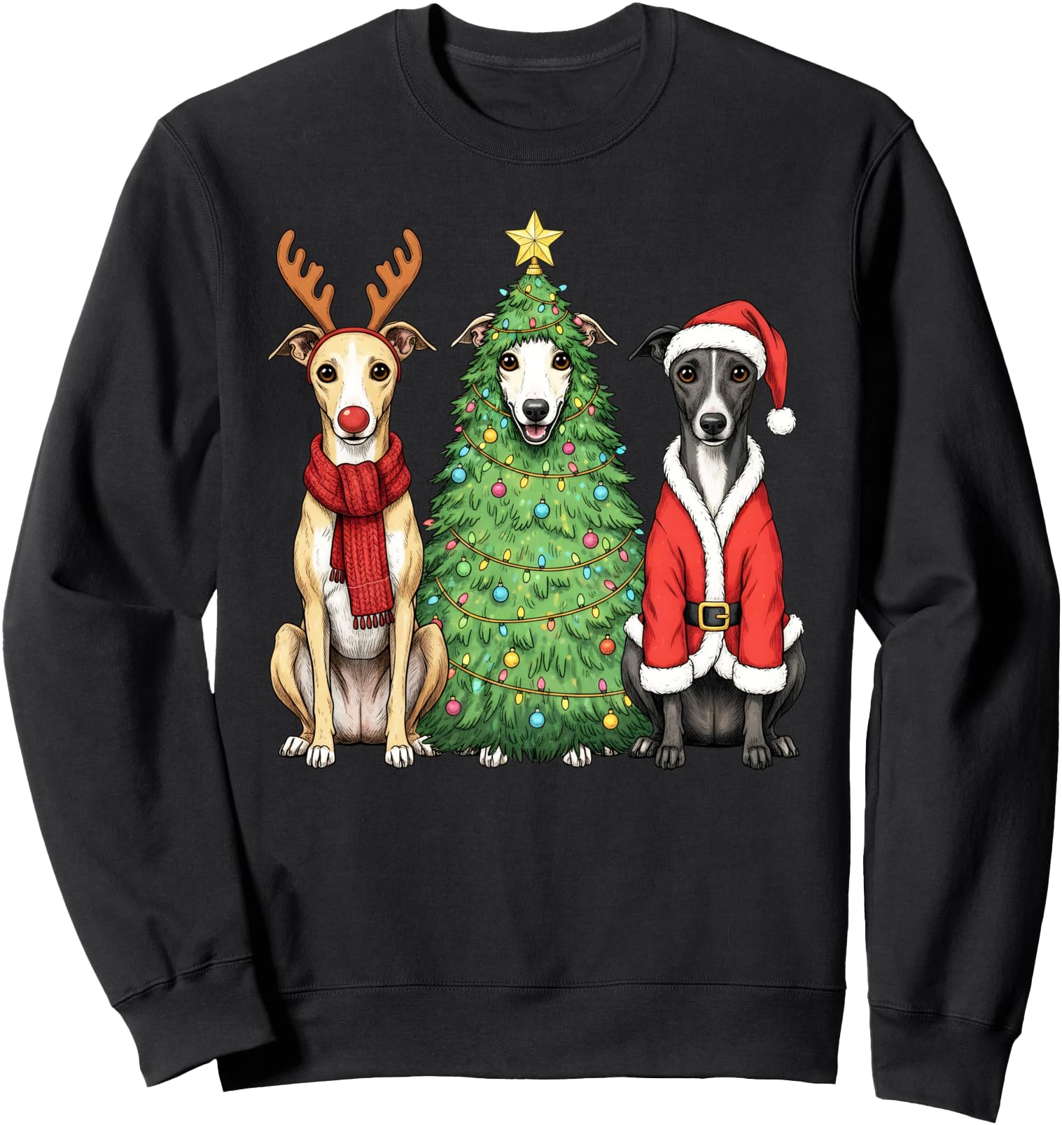 Original Whippet Santa Reindeer Sweatshirt - Custom Art Print for Adults - T-Shirt, Sweatshirt, Hoodie