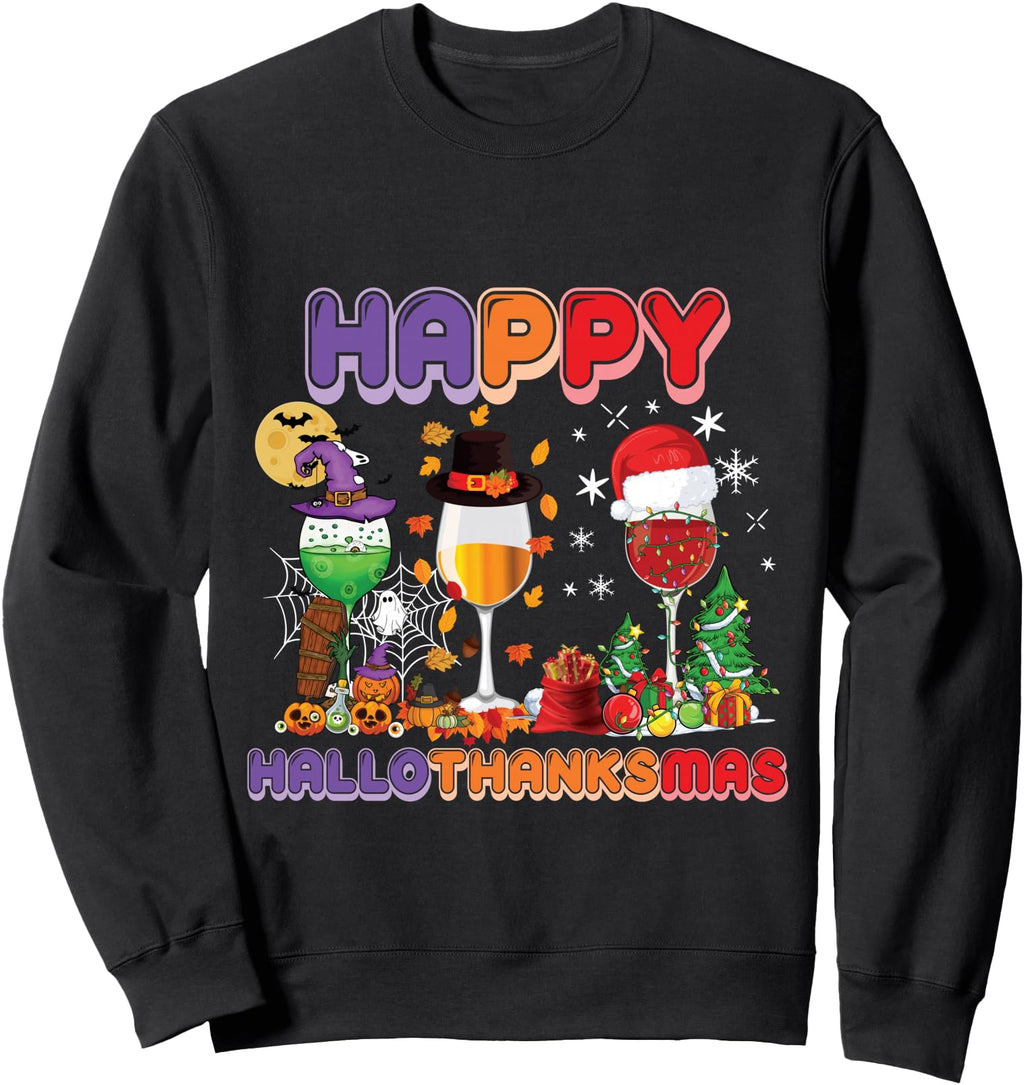 Happy Hallothanksmas Wine Glasses T-Shirt - Fun Novelty Design Men Women - T-Shirt, Sweatshirt, Hoodie