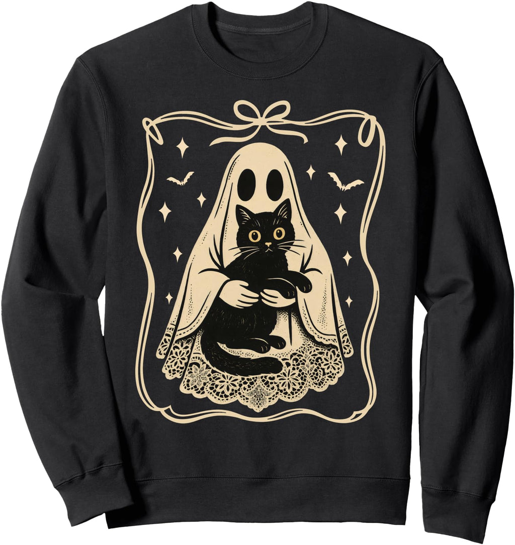 Authentic Lace Ghost Holding Black Cat Hoodie - Minimalist Print Men Women - T-Shirt, Sweatshirt, Hoodie