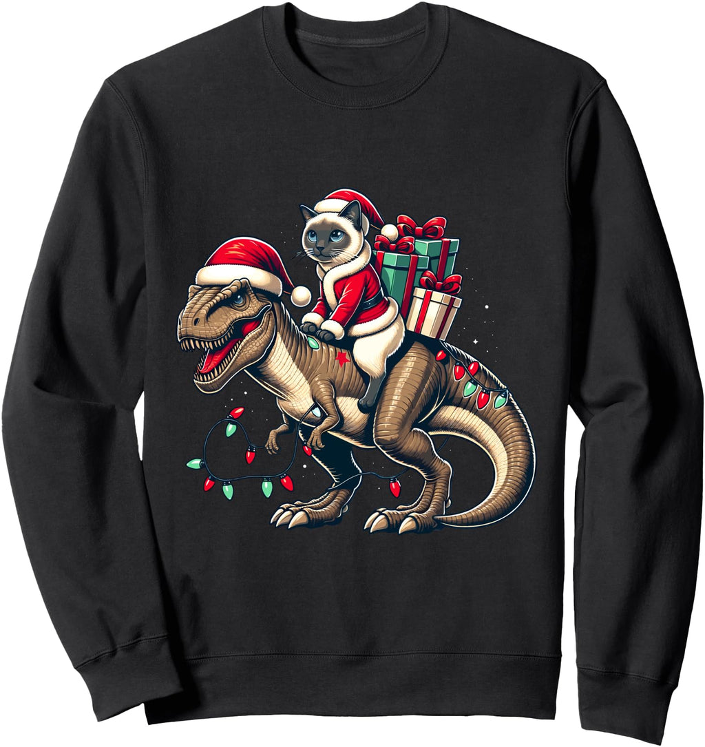 Original Siamese Cat Rides Santa T Rex Hoodie - Streetwear Style Men Women - T-Shirt, Sweatshirt, Hoodie