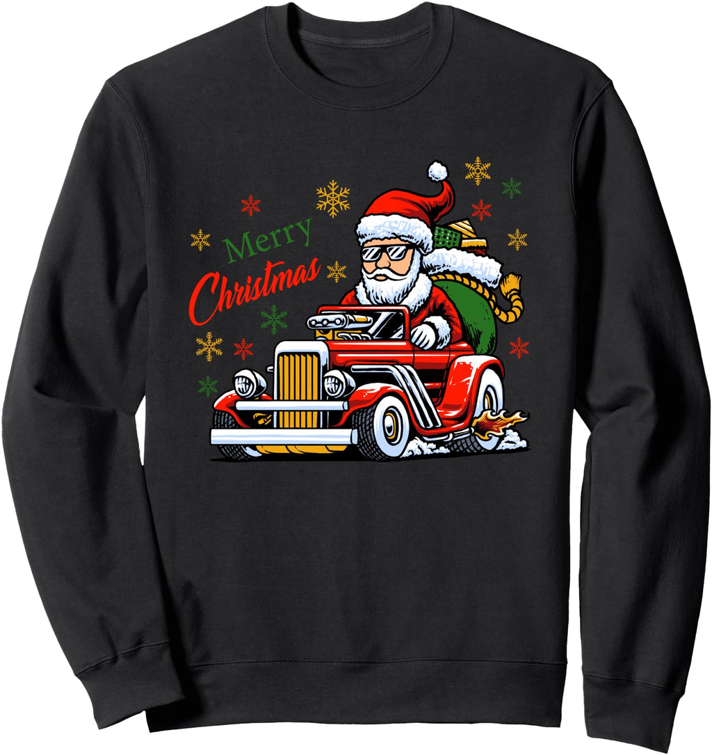 Merry Santa Claus Drives Hot Rod Car Hoodie - Aesthetic Graphic Men Women - T-Shirt, Sweatshirt, Hoodie