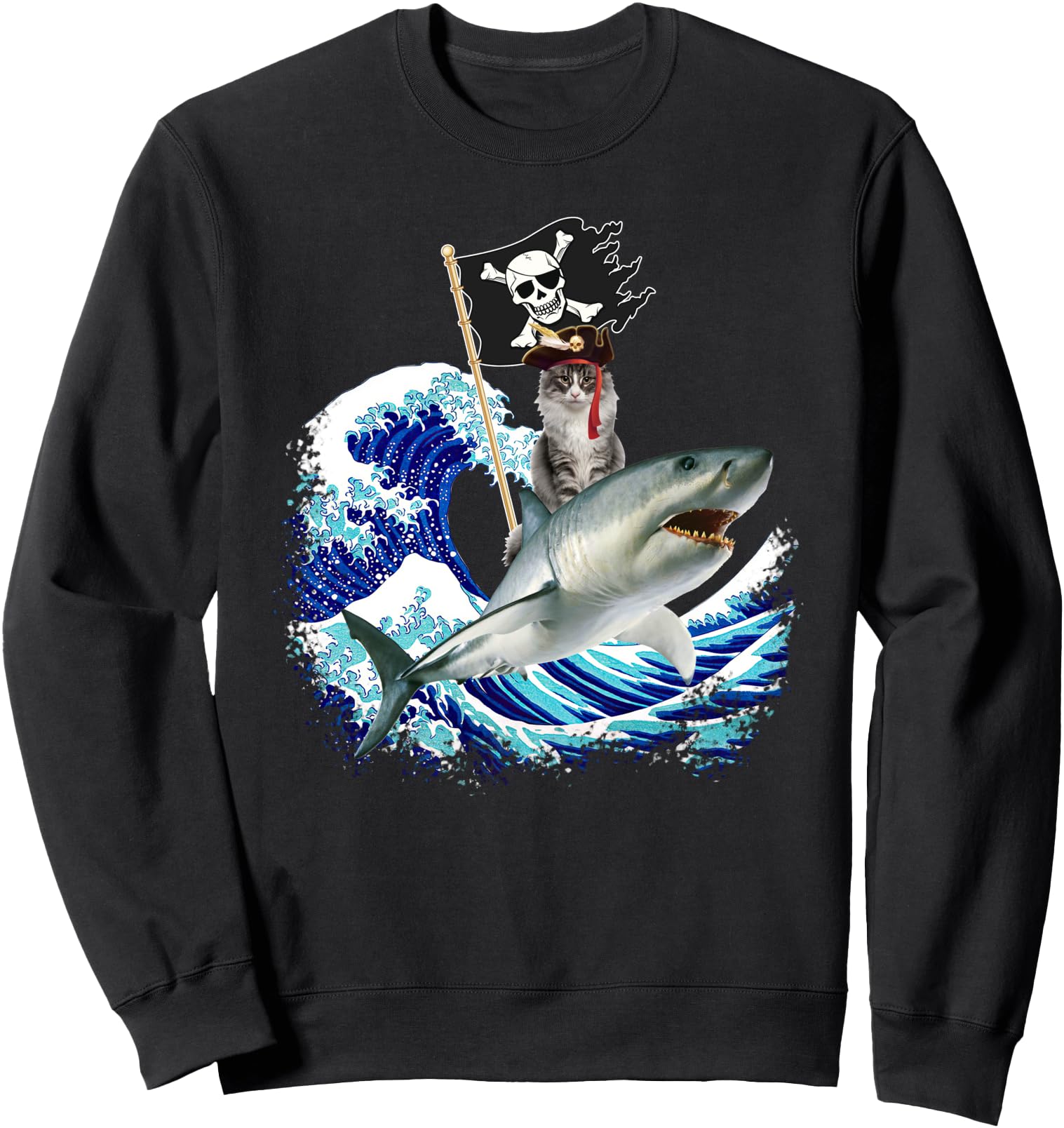 Original Pirate Cat Riding Shark T-Shirt - Fun Novelty Design for Adults - T-Shirt, Sweatshirt, Hoodie