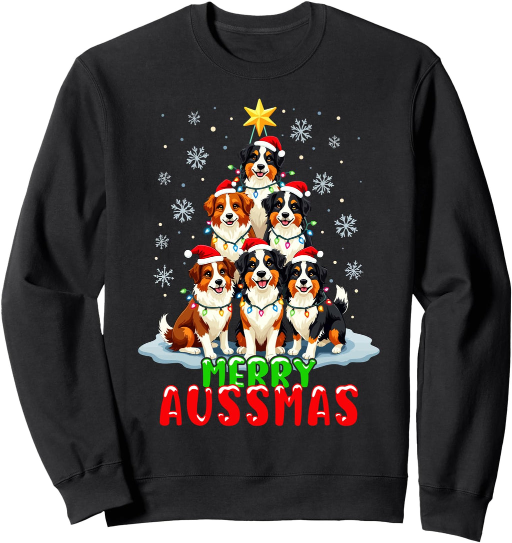 Merry Aussmas Australian Shepherd Tree Dog T-Shirt - Trendy Graphic Unisex - T-Shirt, Sweatshirt, Hoodie