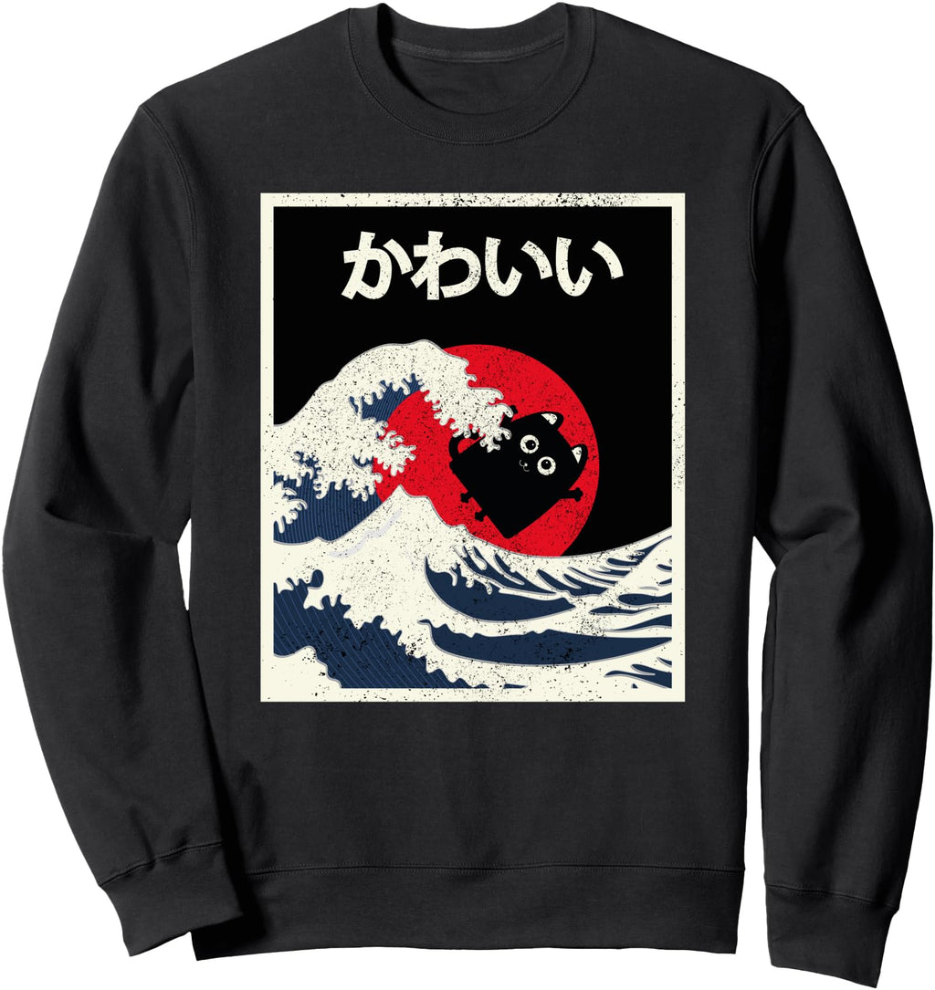 Handcrafted Kawaii Black Cat Anime Sweatshirt - Aesthetic Graphic Unisex - T-Shirt, Sweatshirt, Hoodie