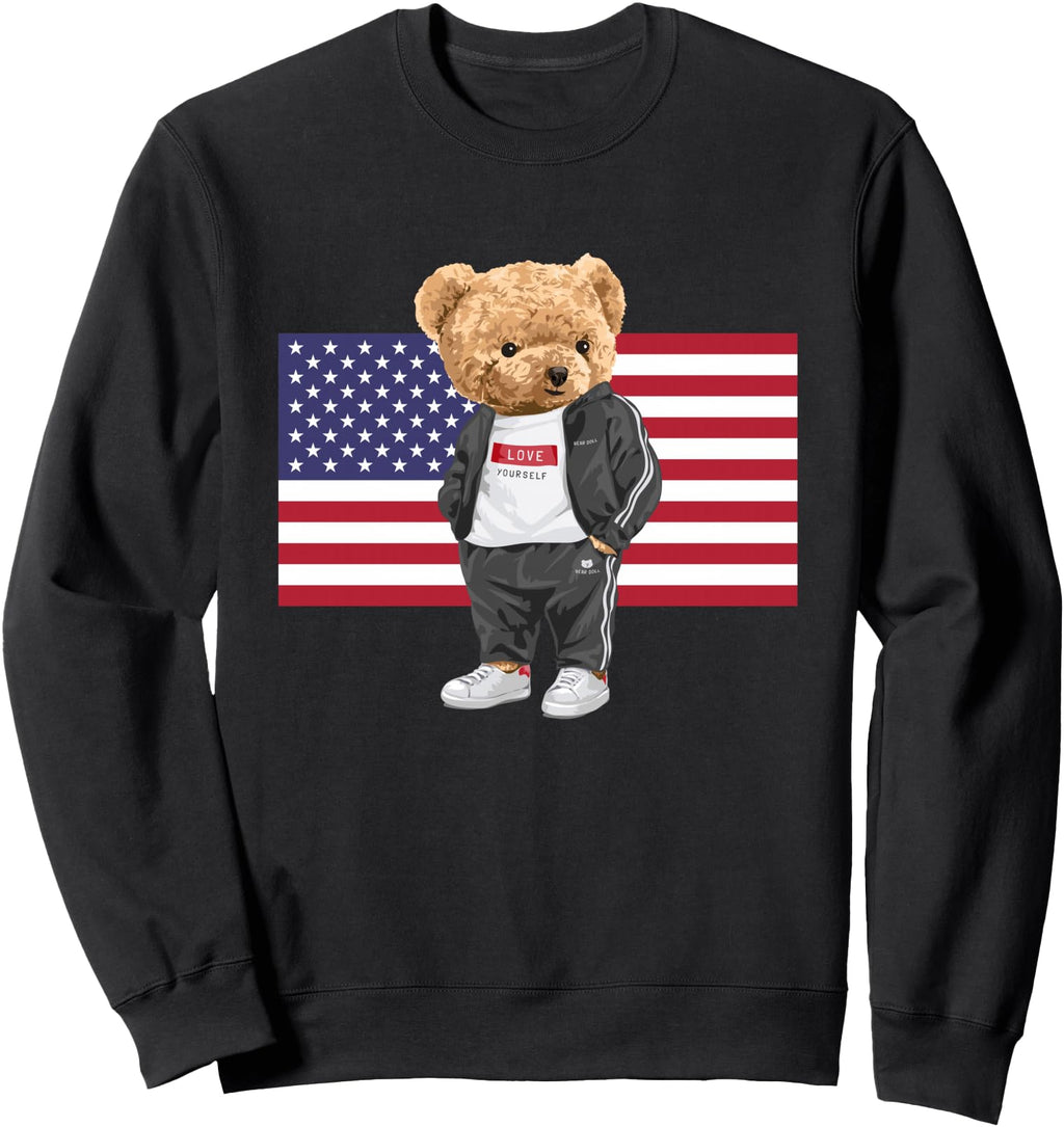 Usa Teddy Bear Illustration Novelty Sweatshirt - Novelty Apparel Unisex - T-Shirt, Sweatshirt, Hoodie