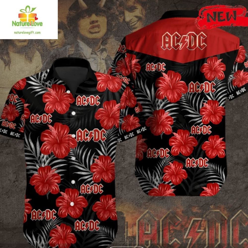 ACDC Rock Band Hawaiian with Red Flowers Design - Adult & Kids T-Shirts, Sweatshirts & Hoodies apparel design preview 1