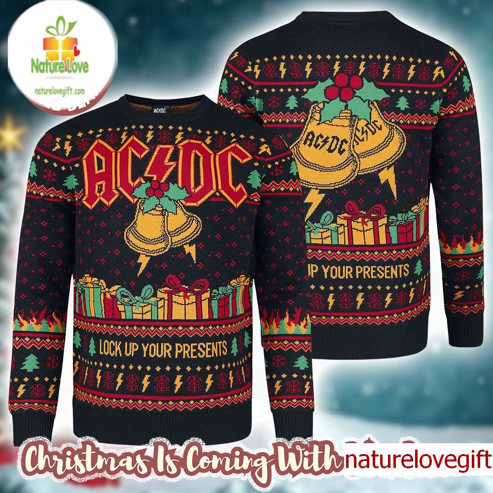 ACDC Xmas Hell Bells Lock Up Your Presents Holiday Christmas Jumper Multicolour Ugly Christmas Sweater - Holiday Gift product image