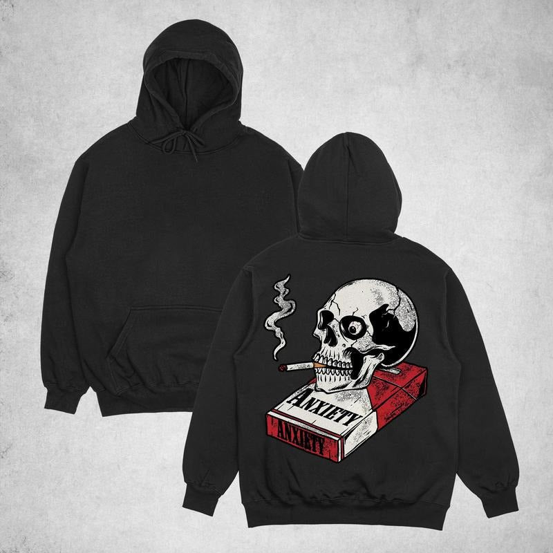 ANXIETY Smoking Skull&Cigarette Case Print - Adult & Kids T-Shirts, Sweatshirts & Hoodies apparel design preview 1