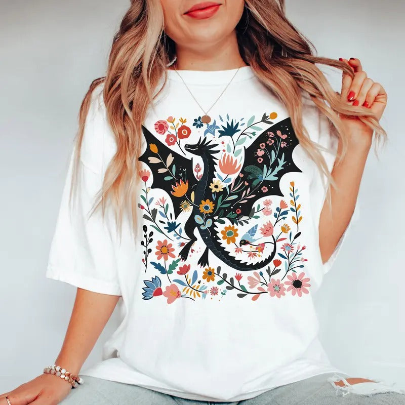 Abraxos Fantasy Bookish Floral Book Lover Dragon - Adult & Kids T-Shirts, Sweatshirts & Hoodies apparel design preview 1